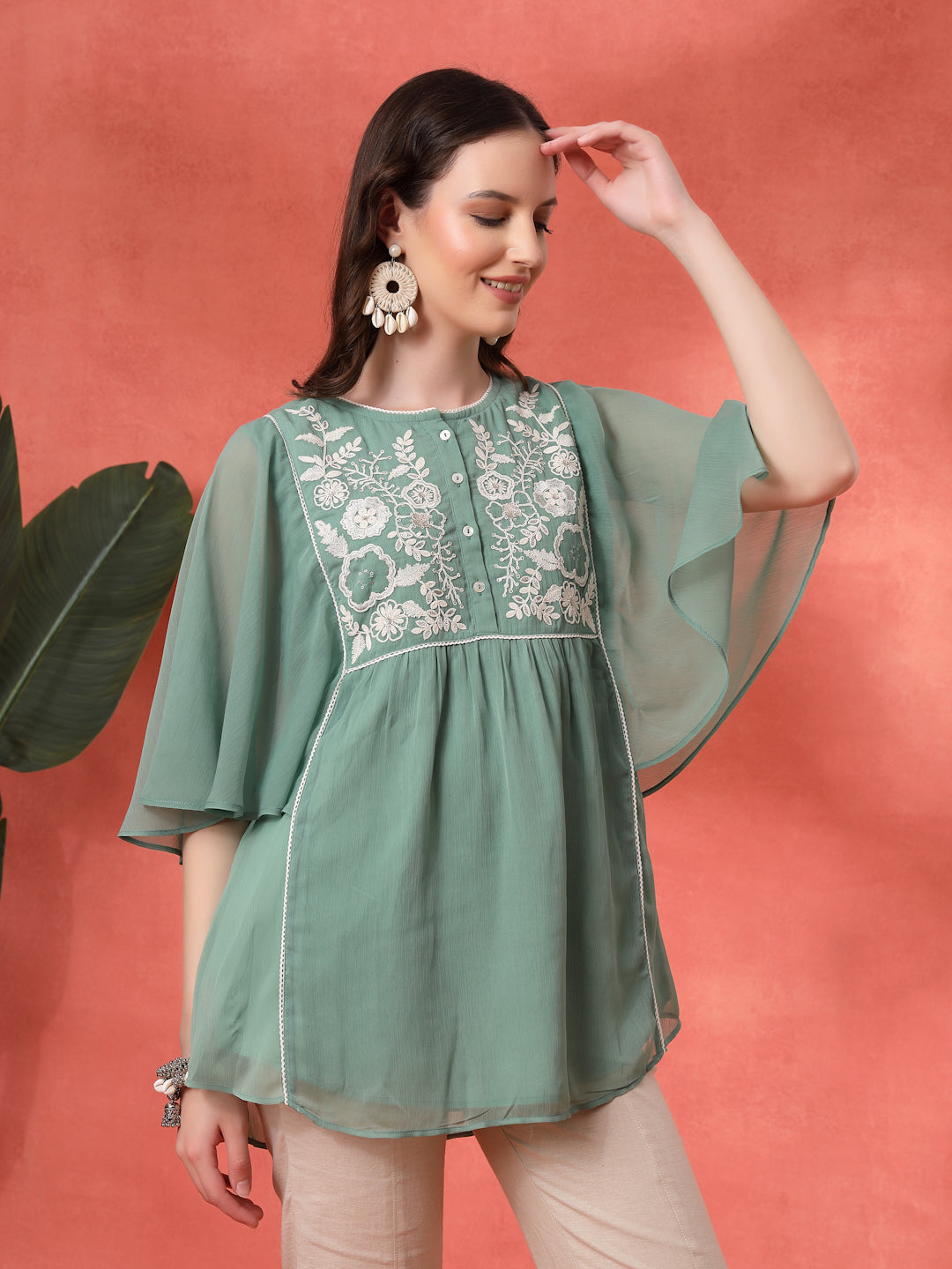Solid Flared Chiffon Top with Embroidery