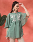 Solid Flared Chiffon Top with Embroidery
