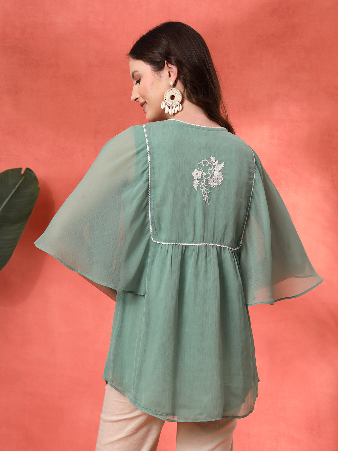 Solid Flared Chiffon Top with Embroidery