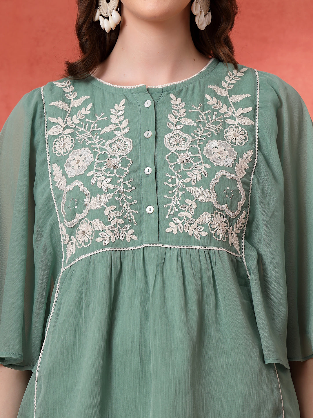 Solid Flared Chiffon Top with Embroidery
