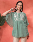 Solid Flared Chiffon Top with Embroidery