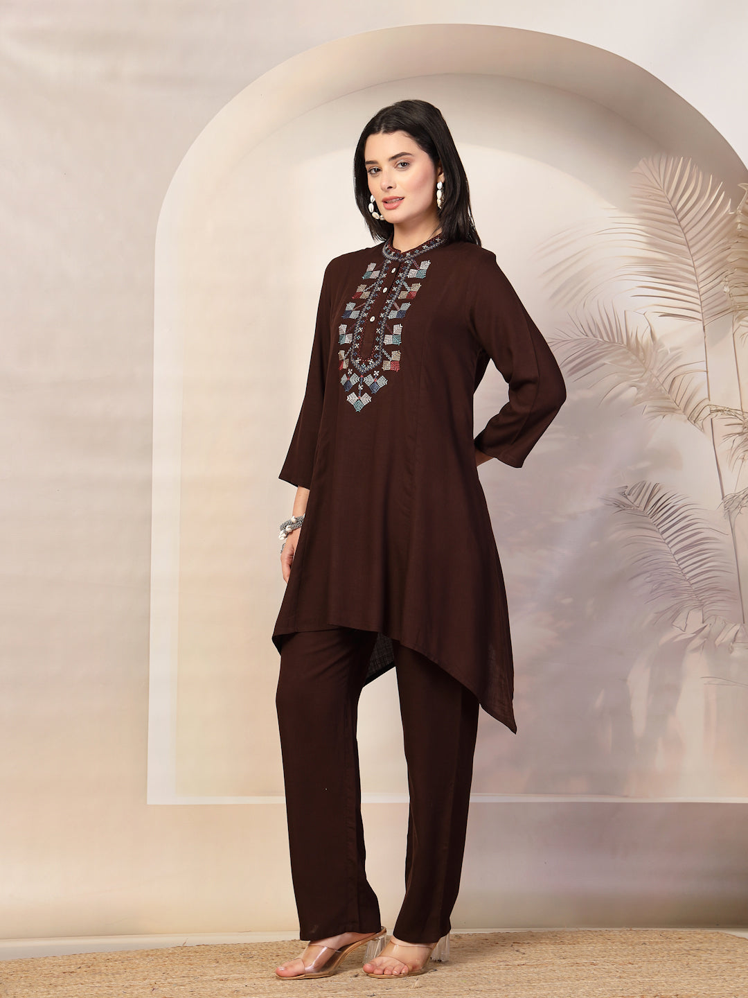 Solid Viscose Rayon Kurta Set with Ethnic Embroidery