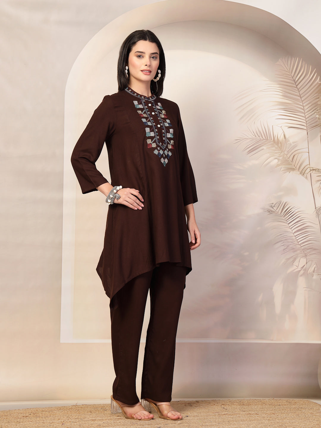 Solid Viscose Rayon Kurta Set with Ethnic Embroidery