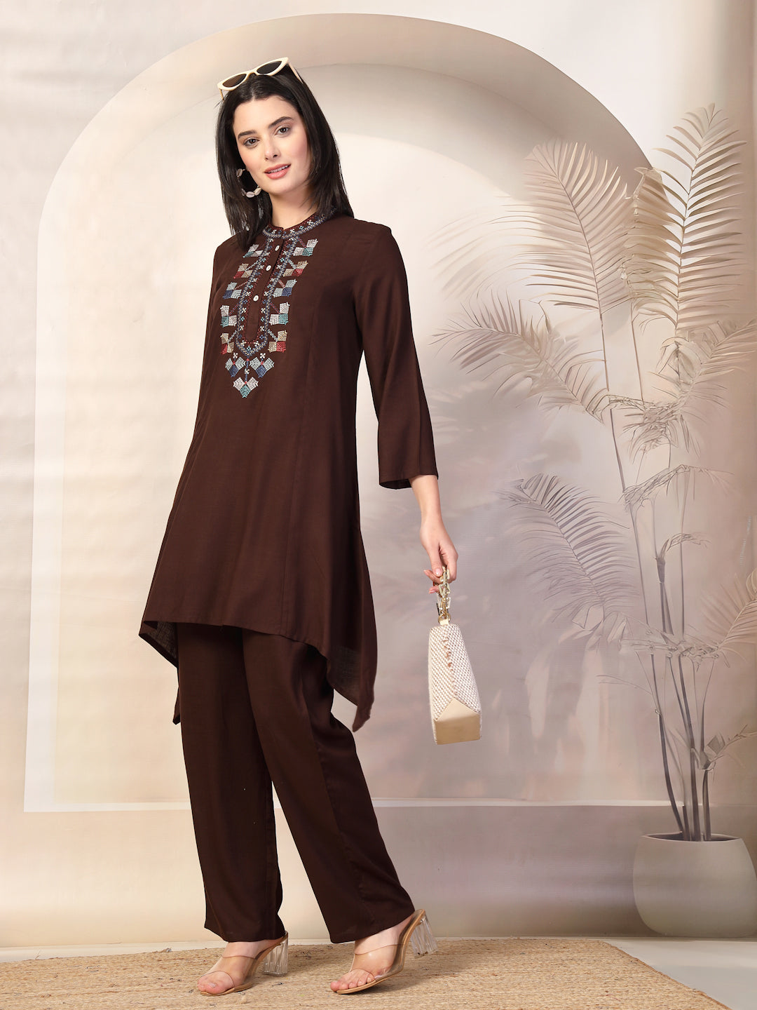Solid Viscose Rayon Kurta Set with Ethnic Embroidery