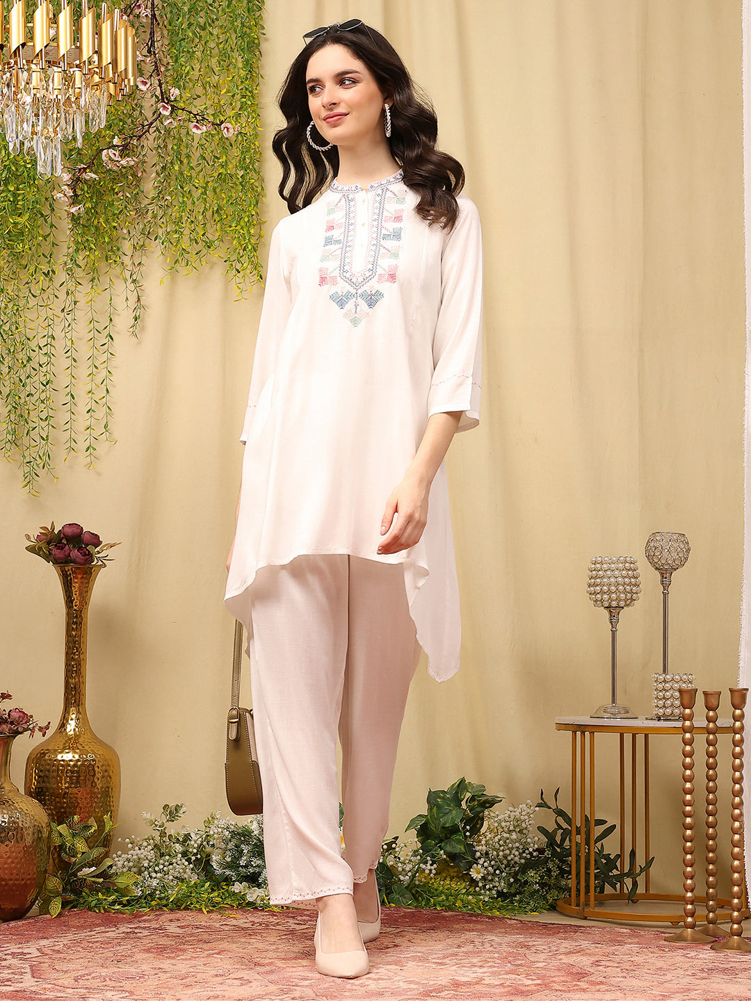 Viscose Rayon Kurta Set with Embroidery &amp; Pocketed Palazzo