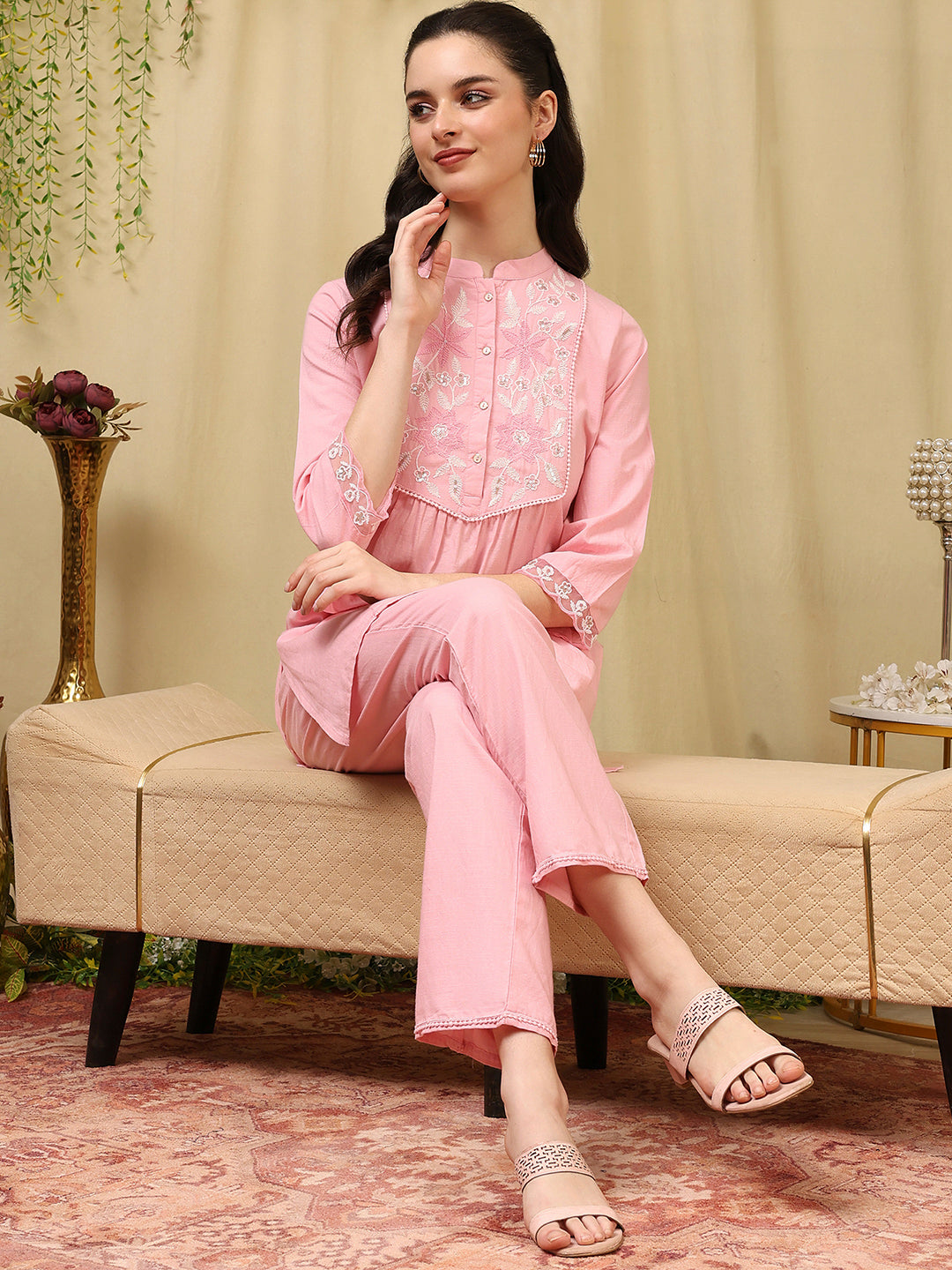 Cotton Blend Embroidered Tunic Co-Ord Set with Palazzo