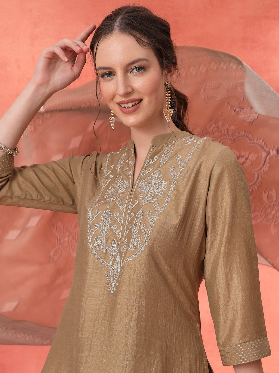 Zari Embroidered Kurta Set with Pocketed Palazzo and Printed Dupatta