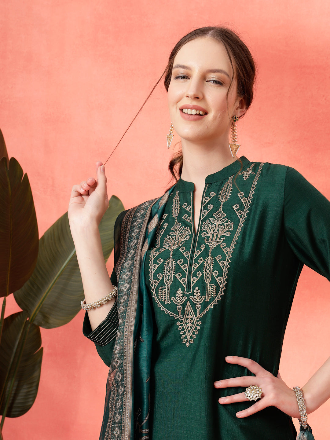 Zari Embroidered Kurta Set with Pocketed Palazzo and Printed Dupatta