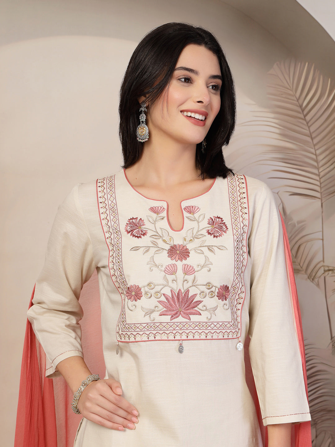 Embroidered Cotton Blend Kurta Set with Palazzo and Lace-Trimmed Dupatta