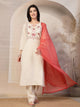 Embroidered Cotton Blend Kurta Set with Palazzo and Lace-Trimmed Dupatta