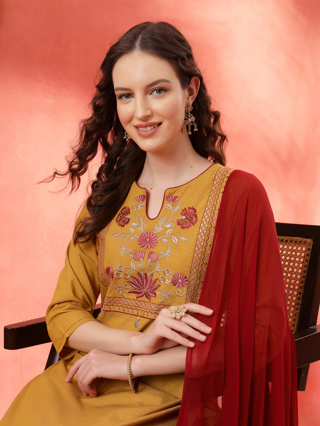 Embroidered Cotton Blend Kurta Set with Palazzo and Lace-Trimmed Dupatta