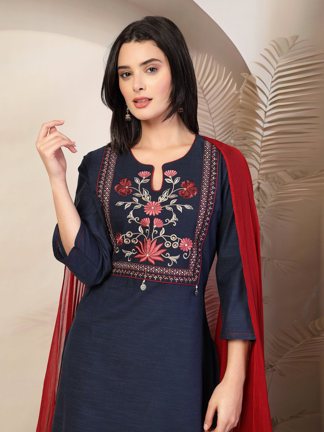 Embroidered Cotton Blend Kurta Set with Palazzo and Lace-Trimmed Dupatta
