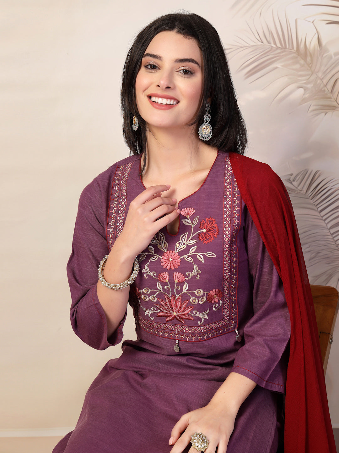 Embroidered Cotton Blend Kurta Set with Palazzo and Lace-Trimmed Dupatta