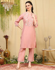 Lukhnavi Embroidered Kurta Set with Mandarin Collar & Pockets