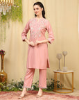 Lukhnavi Embroidered Kurta Set with Mandarin Collar & Pockets
