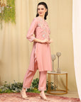Lukhnavi Embroidered Kurta Set with Mandarin Collar & Pockets