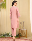 Lukhnavi Embroidered Kurta Set with Mandarin Collar & Pockets