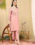 Lukhnavi Embroidered Kurta Set with Mandarin Collar & Pockets