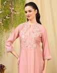Lukhnavi Embroidered Kurta Set with Mandarin Collar & Pockets