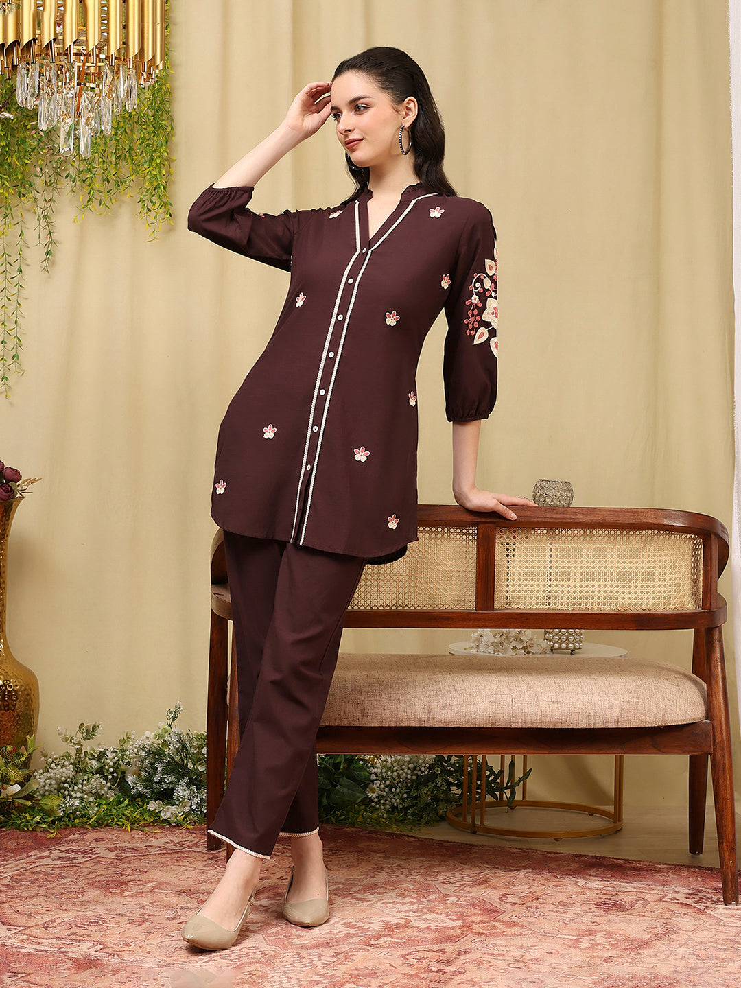 Thread Embroidered Cotton Blend Co-Ord Set with Lace