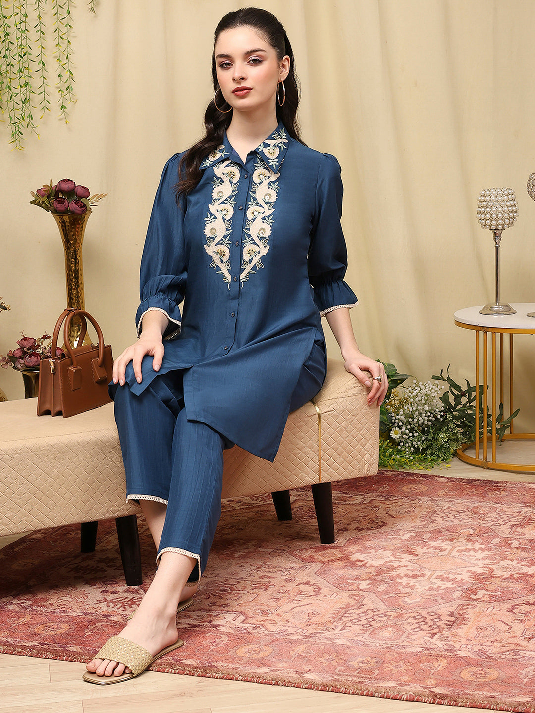 Embroidered Art Silk Co-Ord Set with Lace Accents