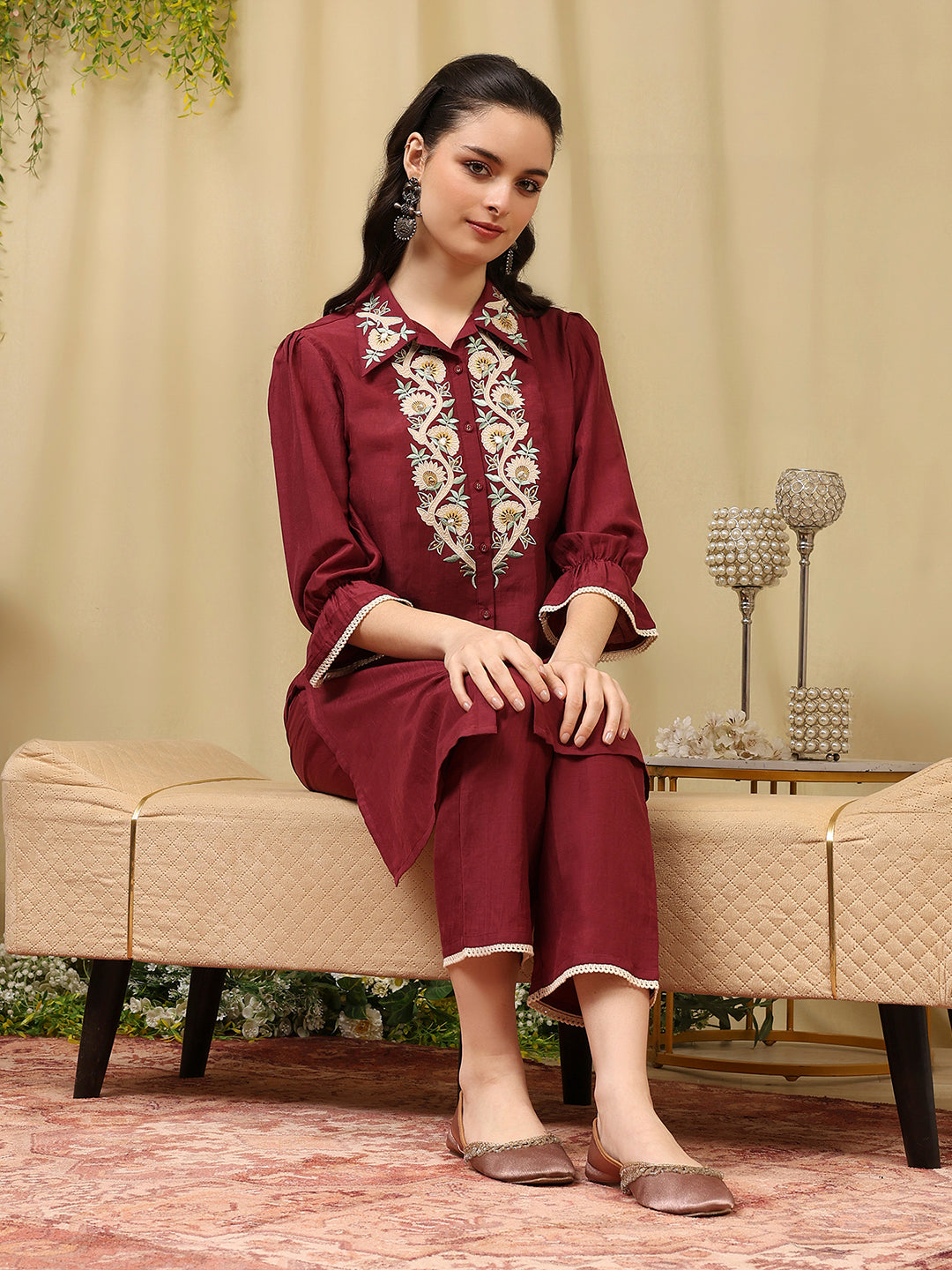 Embroidered Art Silk Co-Ord Set with Lace Accents