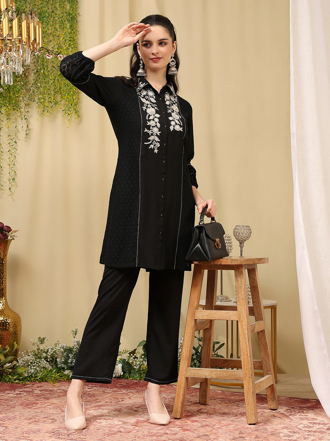 Embroidered Crepe Shirt-Style Tunic Co-ord Set with Palazzo