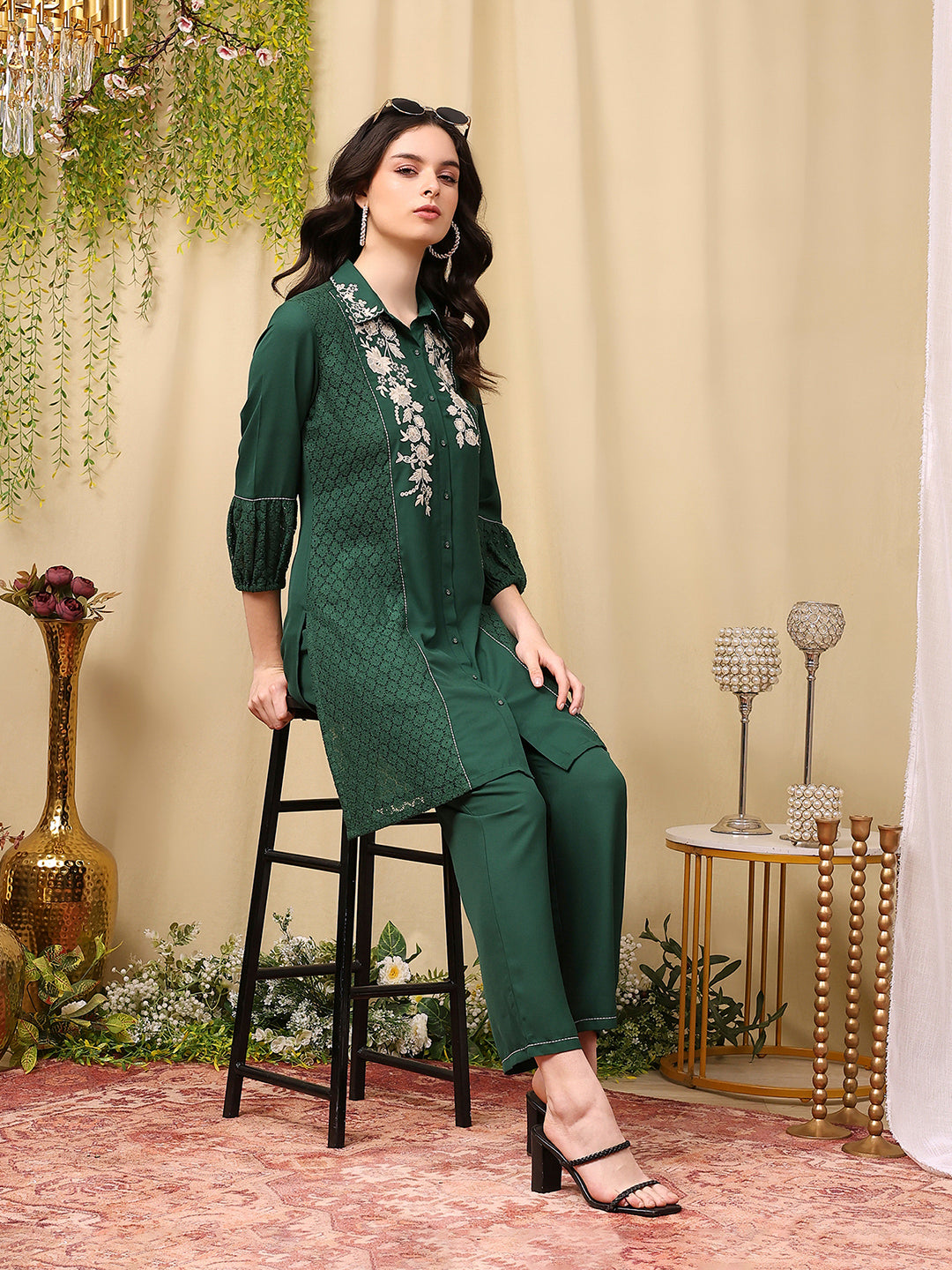 Embroidered Crepe Shirt-Style Tunic Co-ord Set with Palazzo
