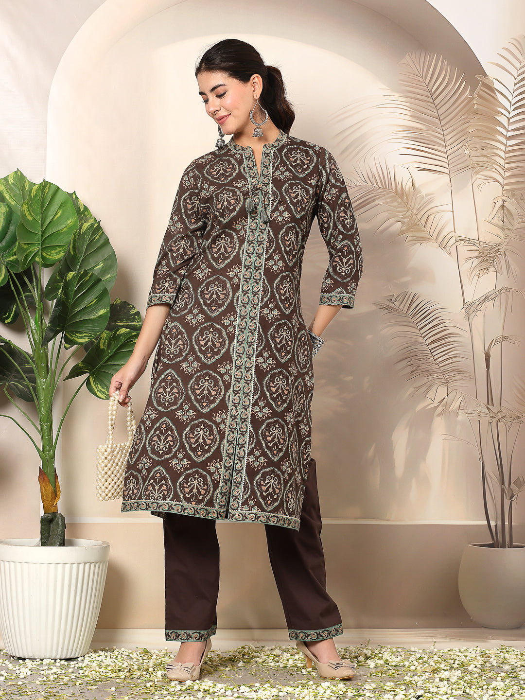 Ethnic Printed Straight Cotton Cambric Kurta Set with Tassel Detail