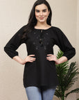 Women Solid Embroidered Tie Up Neck Top