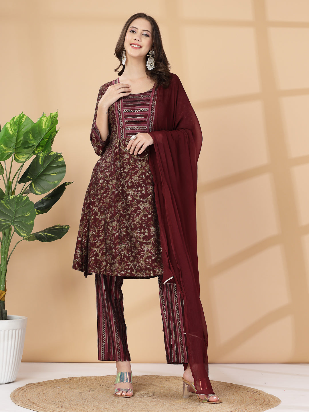 Floral Printed Regular Thread Work Kurta With Trouser &amp; Dupatta