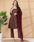 Floral Printed Regular Thread Work Kurta With Trouser & Dupatta