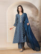 Ethnic Motif Printed Straight Modal Kurta Set with Striped Palazzo & Laced Dupatta