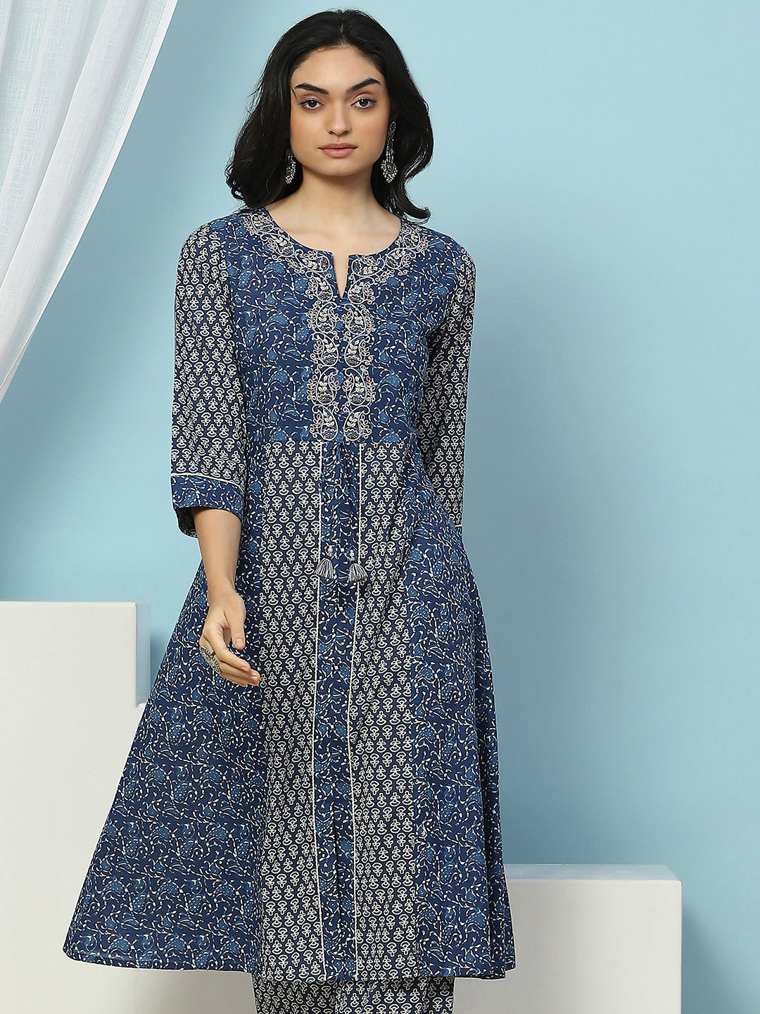 Paisley Printed A-Line Cotton Kurta with Embroidery &amp; Palazzo