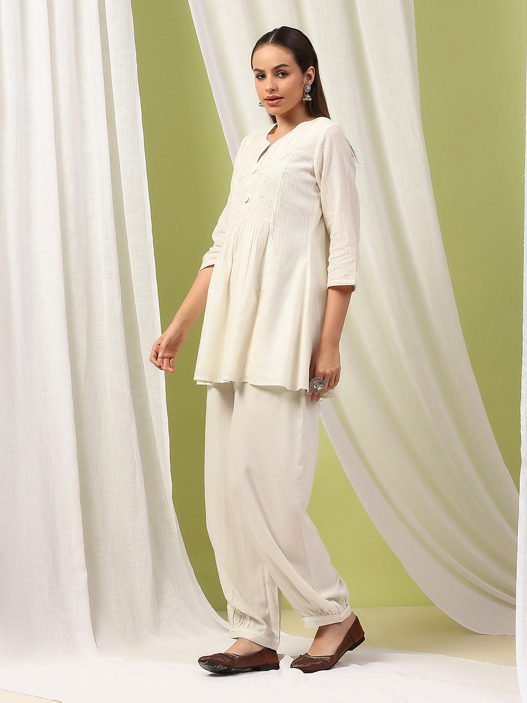 Solid A-Line Cotton Kurta Set with Embroidery &amp; Afghani Salwar