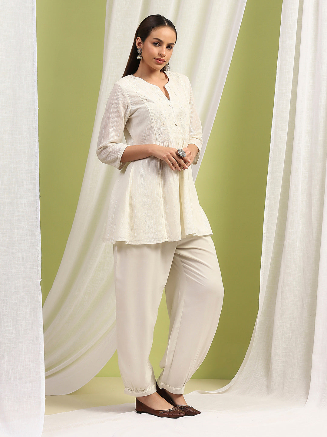 Solid A-Line Cotton Kurta Set with Embroidery &amp; Afghani Salwar