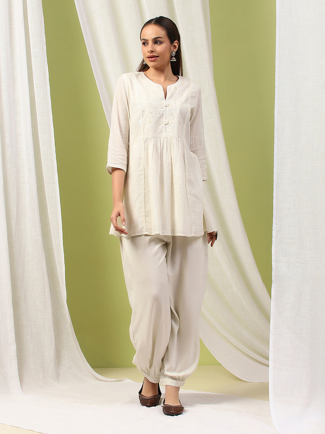 Solid A-Line Cotton Kurta Set with Embroidery &amp; Afghani Salwar