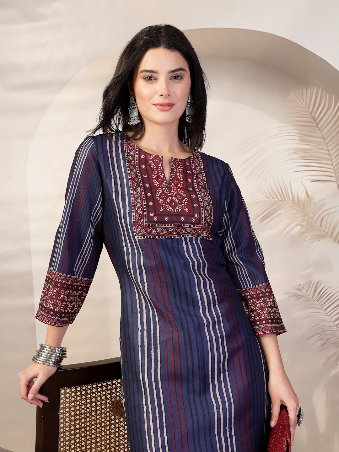 Printed Straight Calf Length Kurta with Sewroskie Work &amp; Embroidered Palazzo