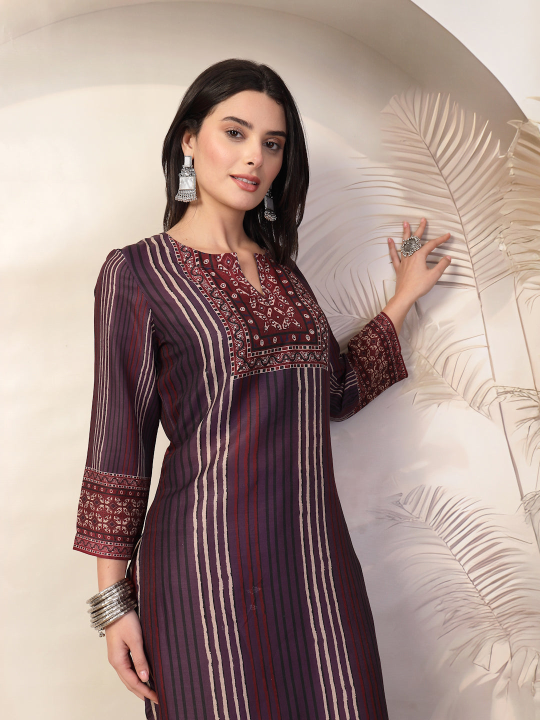 Printed Straight Calf Length Kurta with Sewroskie Work &amp; Embroidered Palazzo