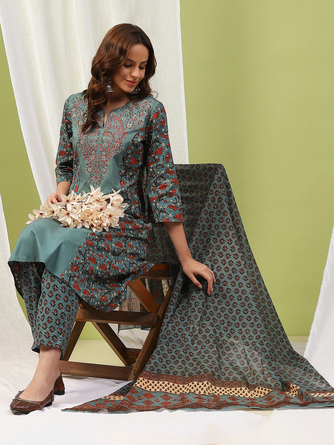 Floral Printed A-Line Cotton Kurta Set with Embroidery &amp; Cotton Dupatta