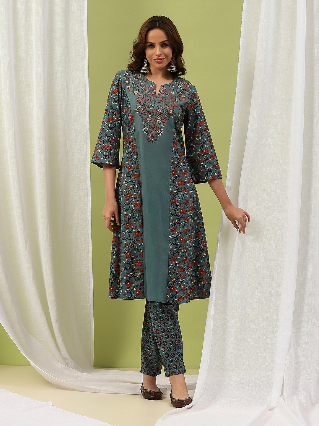 Floral Printed A-Line Cotton Kurta Set with Embroidery &amp; Cotton Dupatta