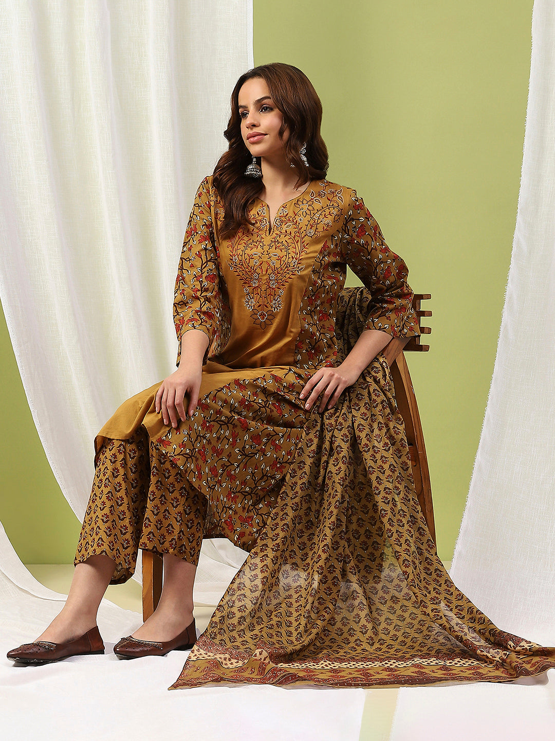 Floral Printed A-Line Cotton Kurta Set with Embroidery &amp; Cotton Dupatta