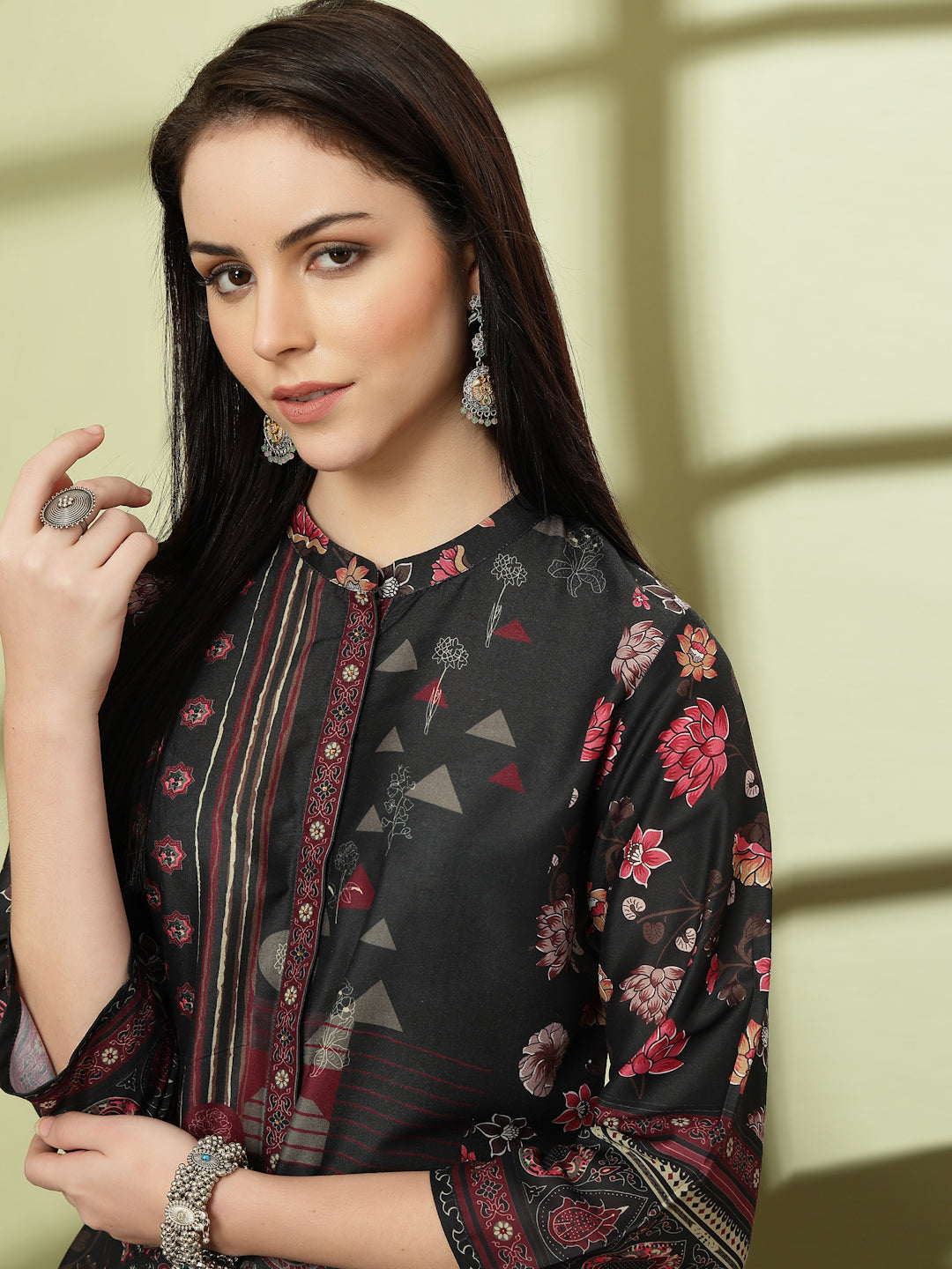 Placement Printed A-Line Poly Muslin Co-ord Set with Sewroskie Work