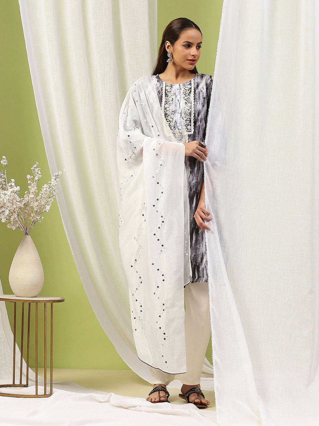 Solid Straight Kurta Set with Embroidery &amp; Mirror Work Dupatta