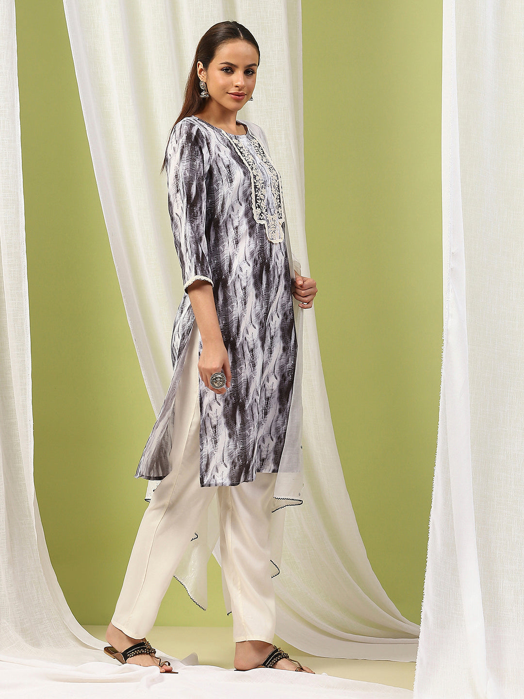 Solid Straight Kurta Set with Embroidery &amp; Mirror Work Dupatta