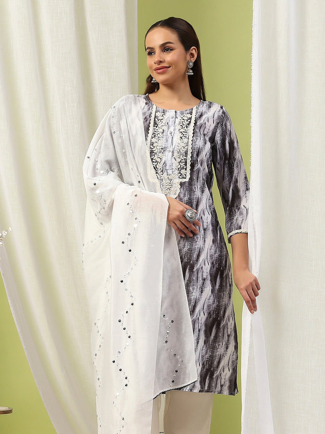Solid Straight Kurta Set with Embroidery &amp; Mirror Work Dupatta
