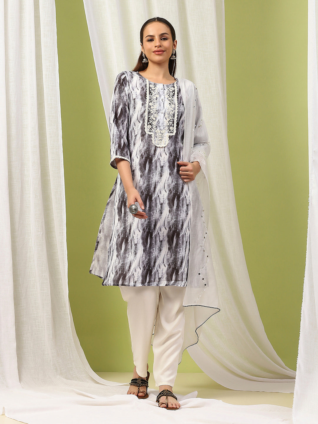 Solid Straight Kurta Set with Embroidery &amp; Mirror Work Dupatta