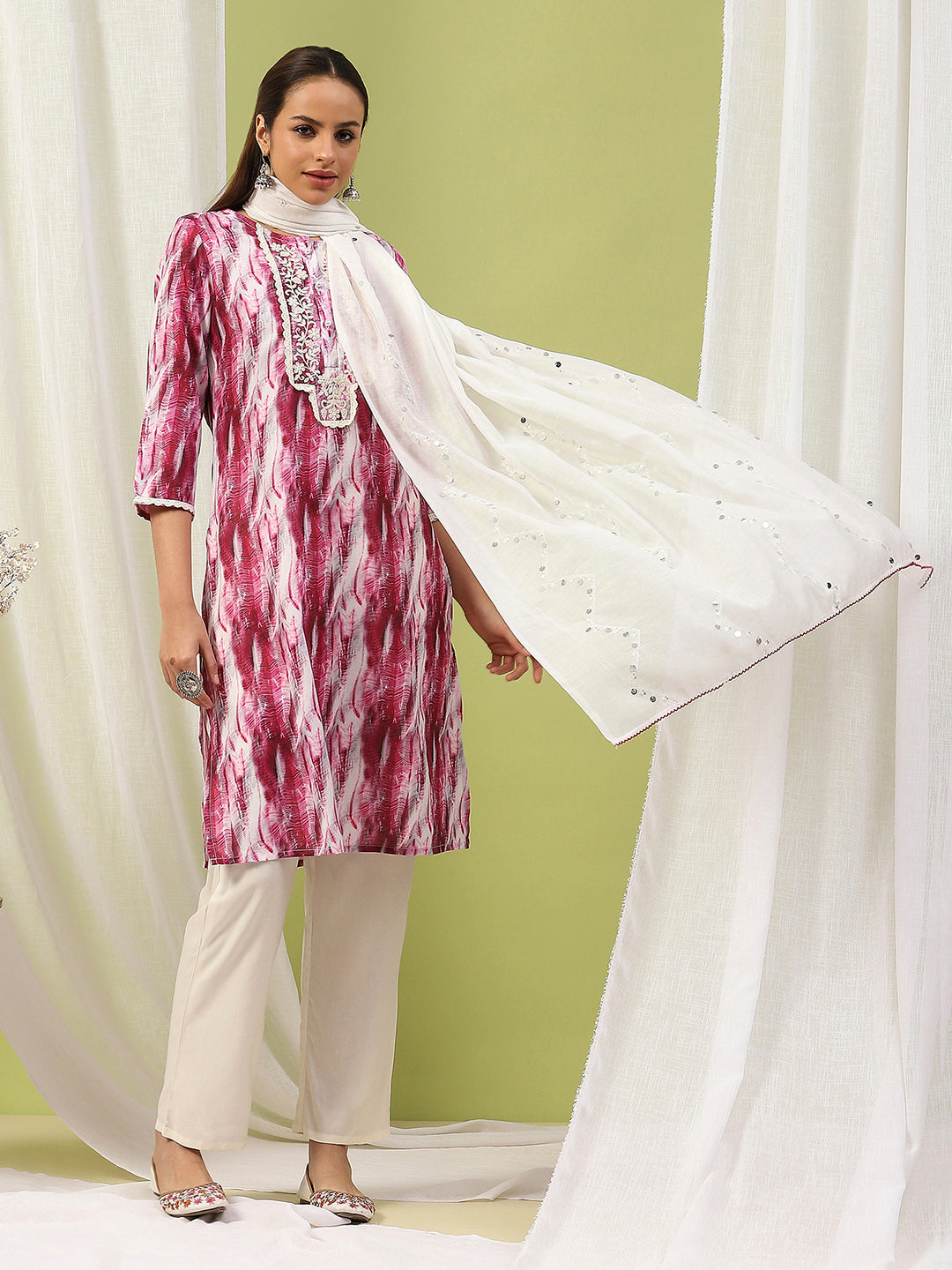 Solid Straight Kurta Set with Embroidery &amp; Mirror Work Dupatta