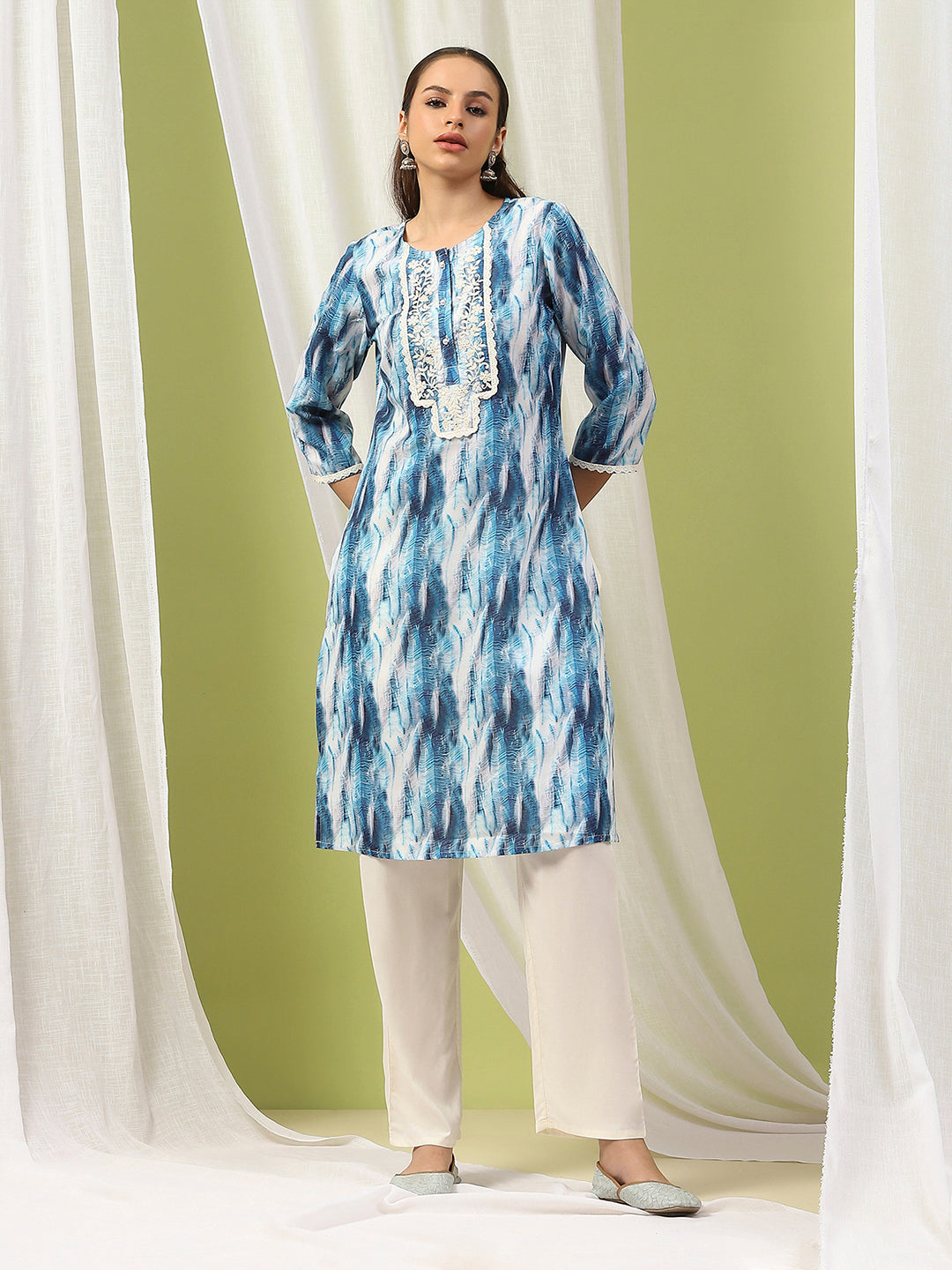 Solid Straight Kurta Set with Embroidery &amp; Mirror Work Dupatta