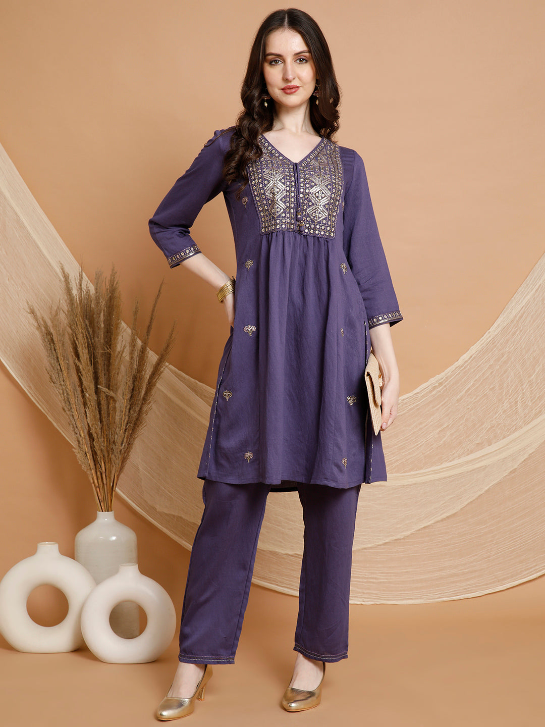Solid A-Line Nylon Viscose Kurta Set with Ethnic Embroidery
